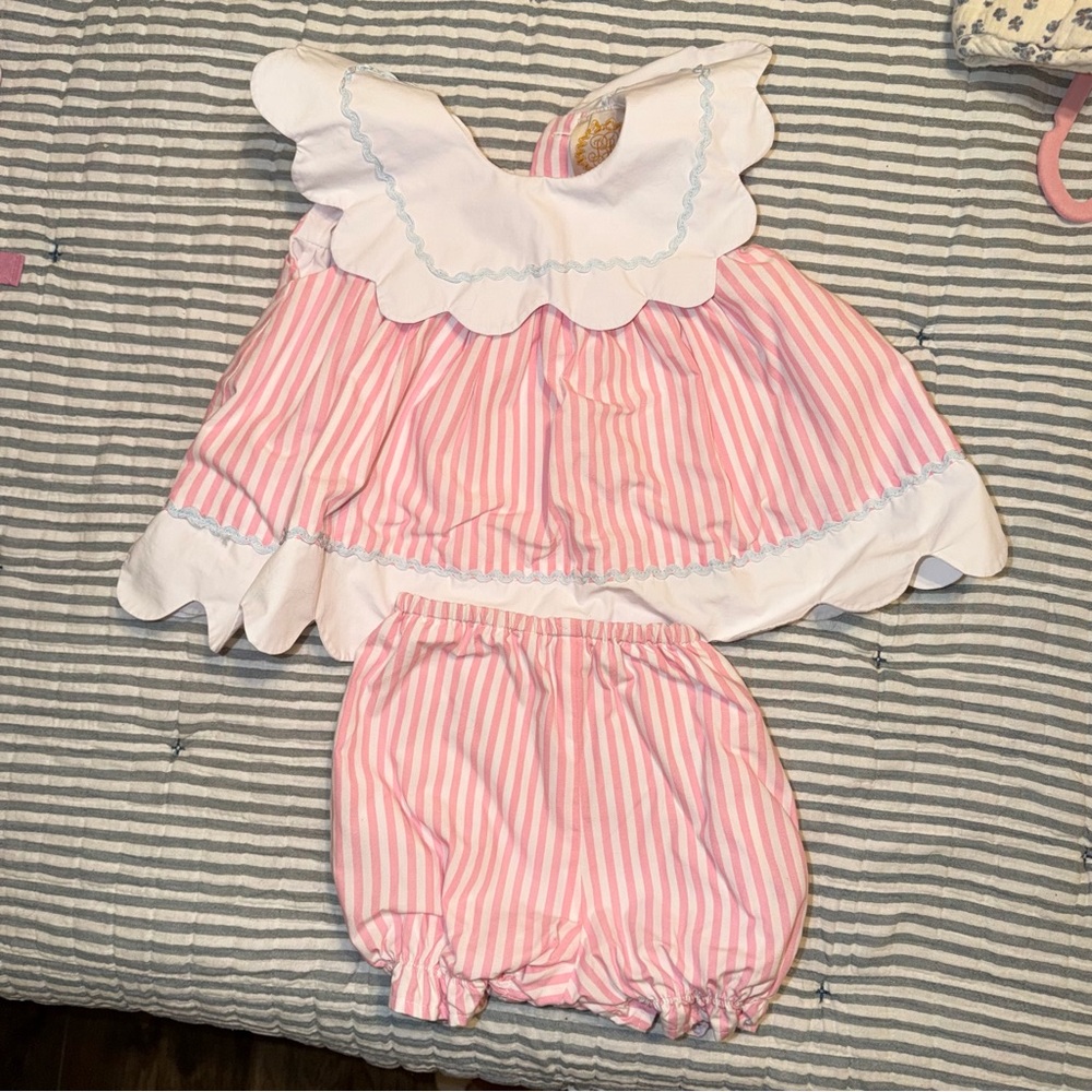 The Beaufort Bonnet Company Pink & White Striped Dress with Bloomer Set